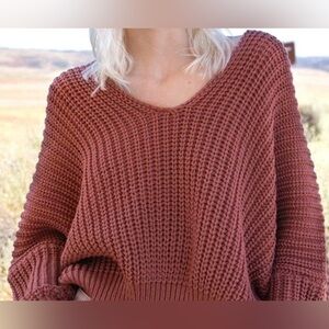 Pol Waffle Knit Oversized Sweater Rustic Brown Slouchy Boho Cozy Leisure Large